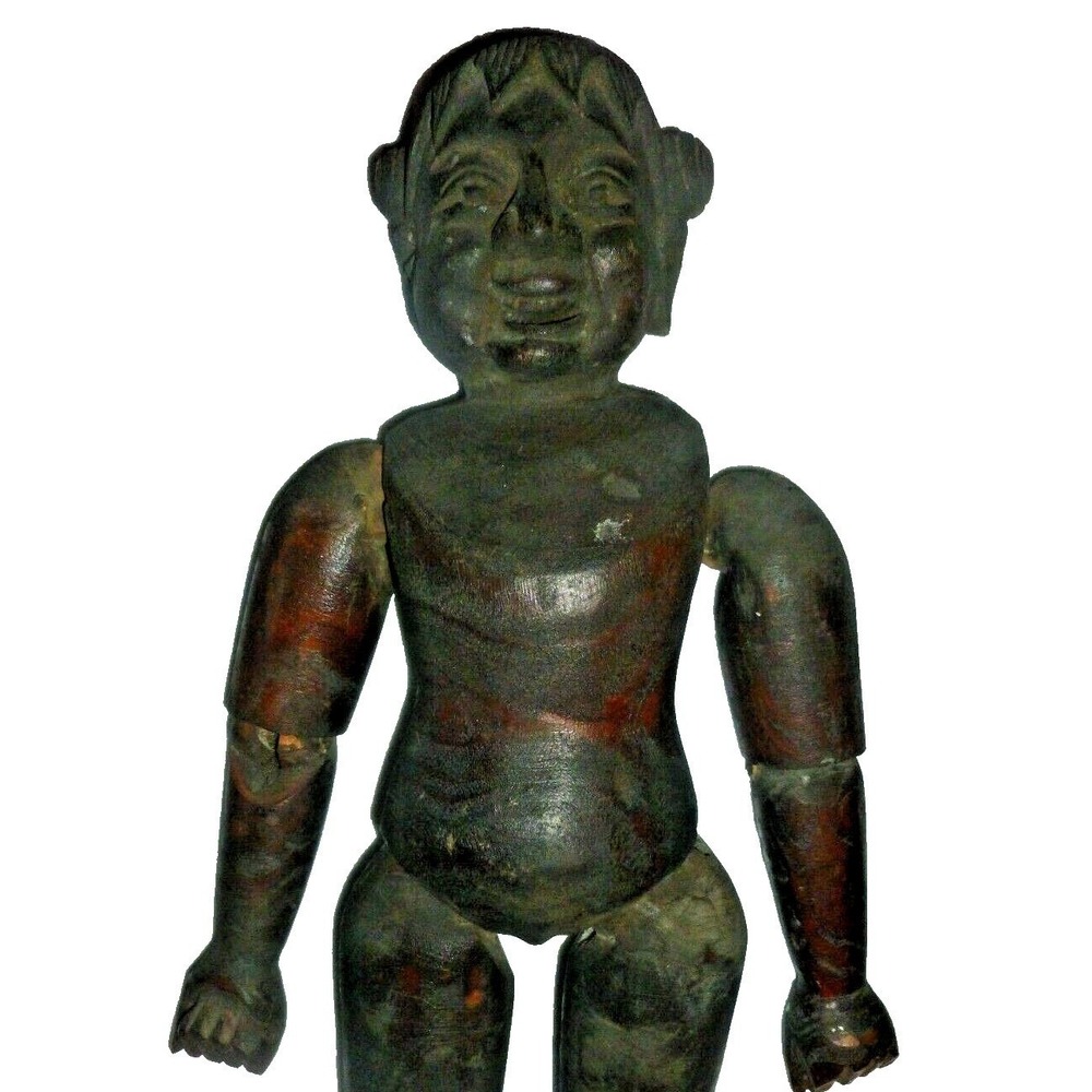 Antique Hand Carved Wood Jointed Figure Folk Art Smiling Doll Sculpture Chinese